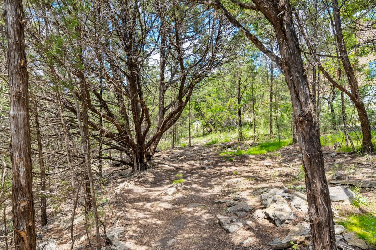A peaceful exterior scene highlighting a winding path through tall trees and rocky ground, perfect for walking or exploring the surrounding nature. The setting feels tranquil and immersive, inviting guests to discover the resort's scenic walking trails.